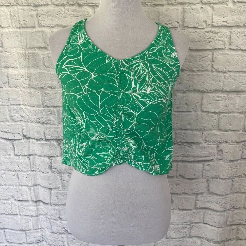 ANA women XS ruched front tank crop top green and white design